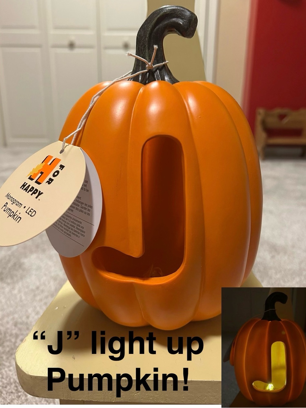 New! 9” Orange LED light-up pumpkin decoration carved with the letter “J”
